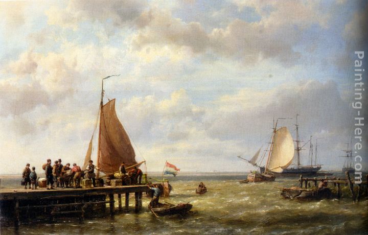 Provisioning a Tall Ship at Anchor painting - Hermanus Koekkoek Snr Provisioning a Tall Ship at Anchor art painting